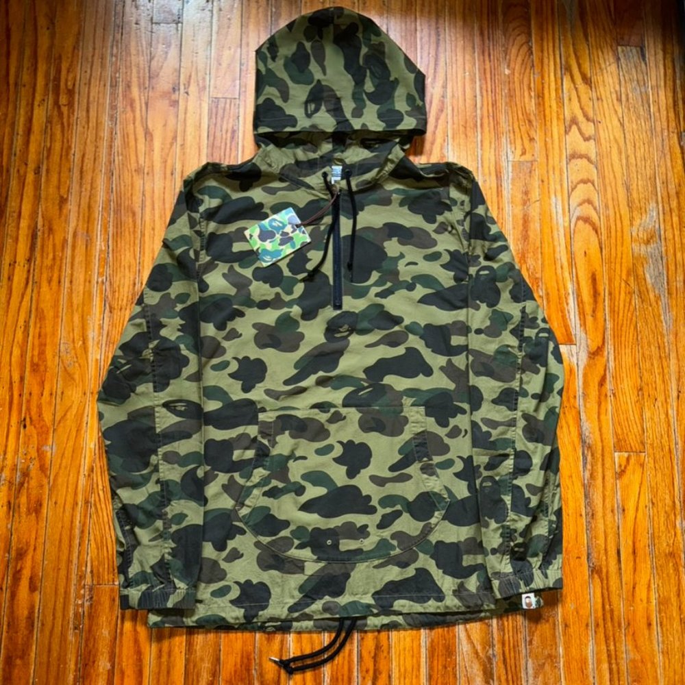 BAPE Green Camo Hoodie Raincoat Windbreaker Jacket Large Authentic